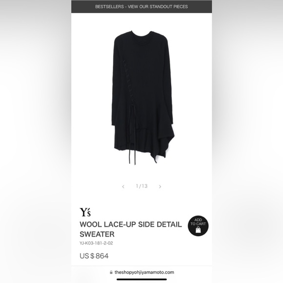 Y‘s by Yohji Yamamoto WOOL LACE-UP SIDE DETAIL SWEATER - Picture 2 of 2